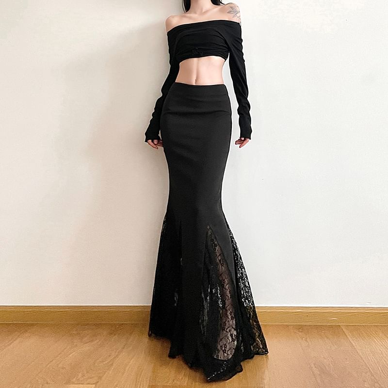 GAGAO - Maxi-rok met vissenstaart en kanten paneel, middelhoge taille
