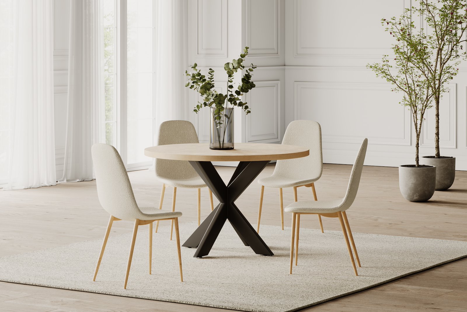 Billie spisestol I tekstil offwhite bouclé med trefargede metall ben med eikemønster.