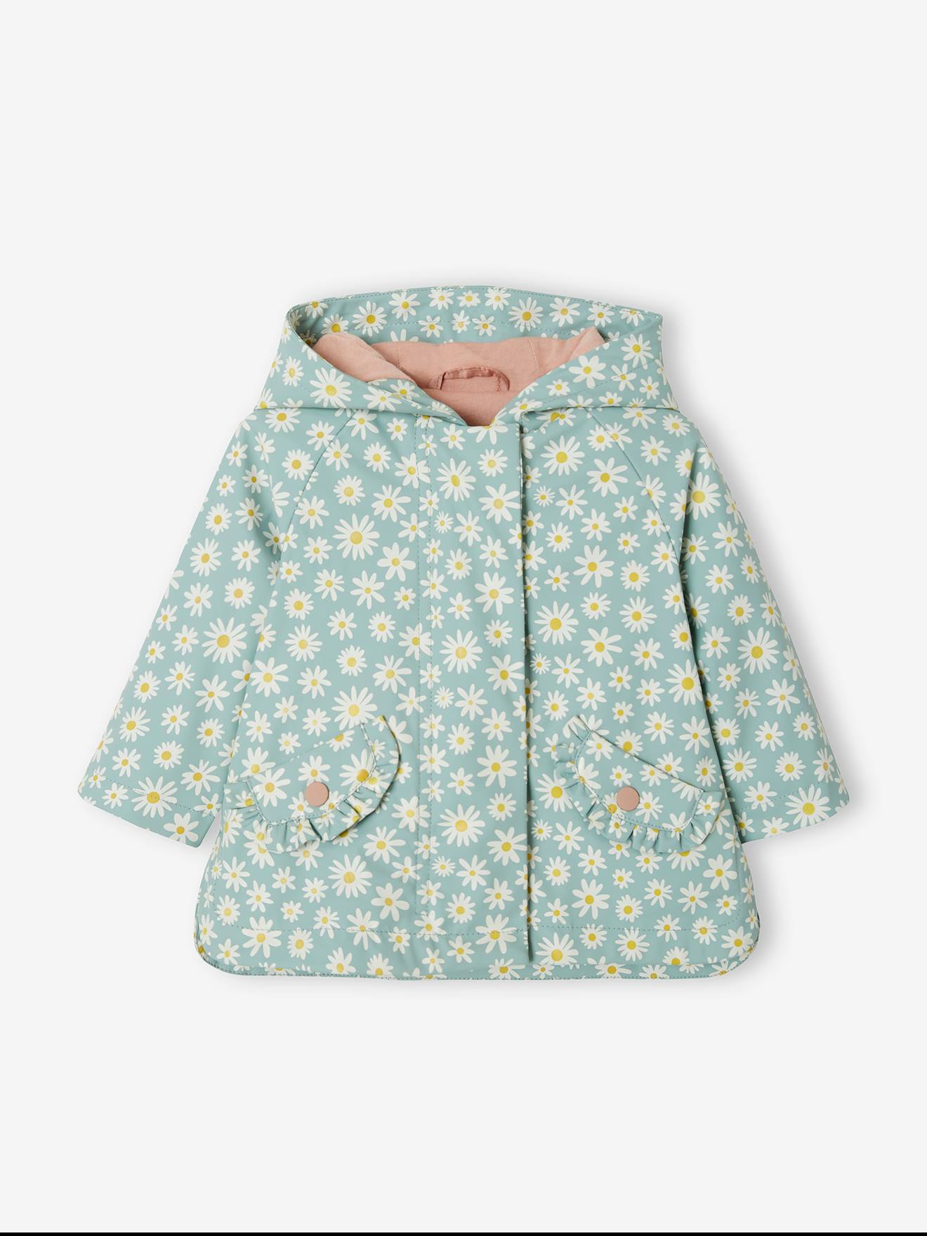 Capa de chuva com capuz para bebê menina, tamanho médio, estampa verde.