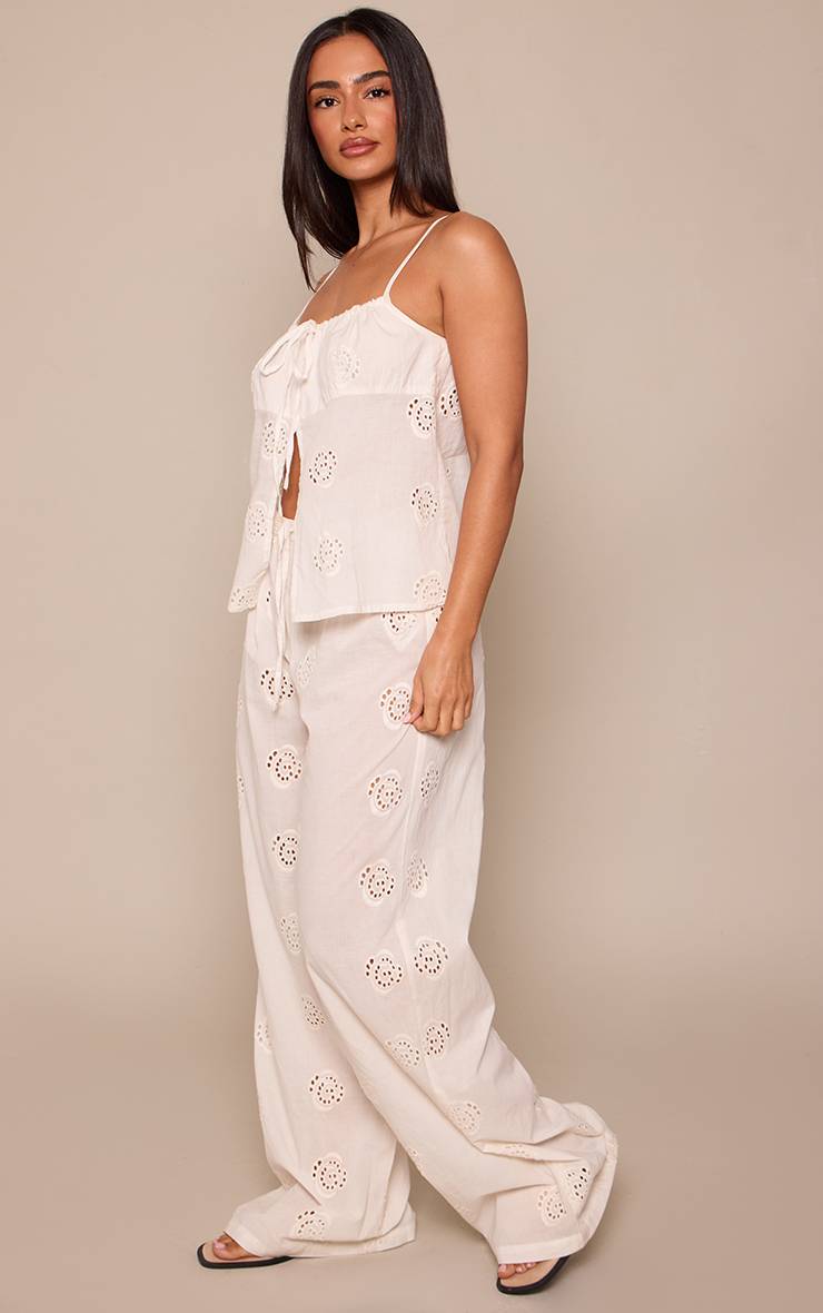 Blanc Pantalon Droit Petite À Détails Broderie Tourbillon Effet Lin