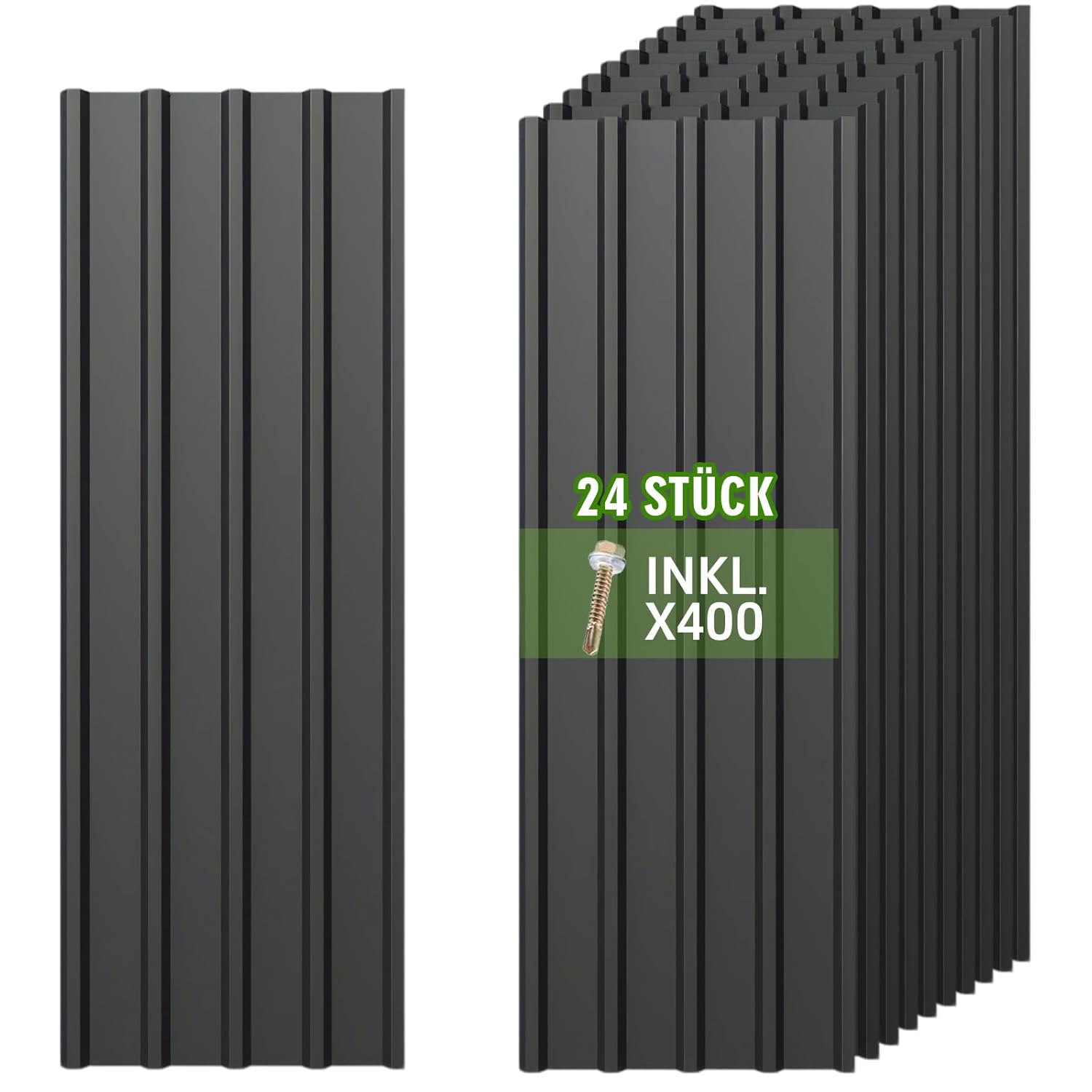 Profilblech Trapezblech 24er Set, 115×45 cm (12,42 m²), Wetterfest Rostresistent Verzinkte Wellblech Dachplatten mit 400 Schrauben, Schwarz Metall Dachblech für Carport, Garage, Gerätehaus