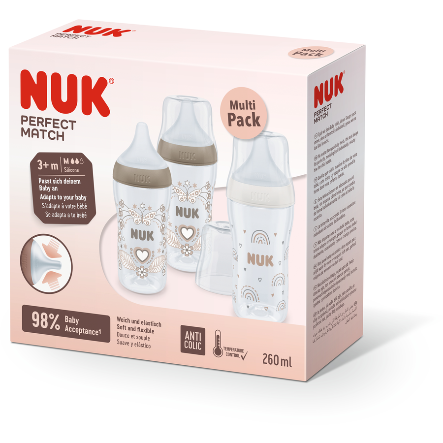 NUK Flaschenset Perfect Match 3er Set mit Temperature Control 260 ml ab 3 Monate in weiß und beige