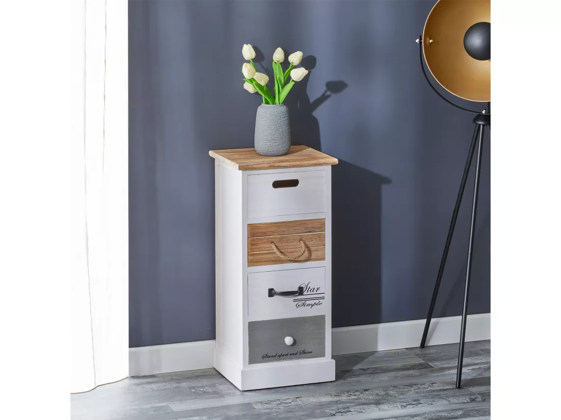 Chiffonnier SALVA H 77 cm en bois massif blanc, gris et brun 4 tiroirs commode petit meuble de rangement haut