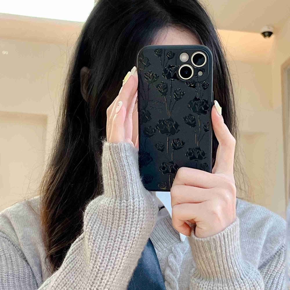 iPhone 14 Gummi Case Hülle Kameraschutz Rosen Imprint - Schwarz