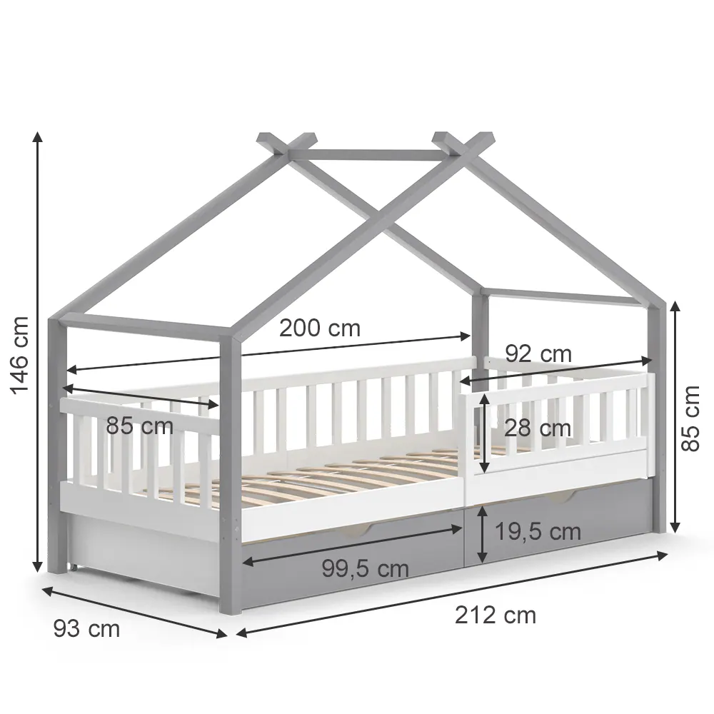 VitaliSpa Kinderbett Hausbett Einzelbett Design Weiß Grau modern 90x200 cm Kinderzimmer Bett Massivholz Lattenrost Schublade Rausfallschutz Schubladenbett Matratze