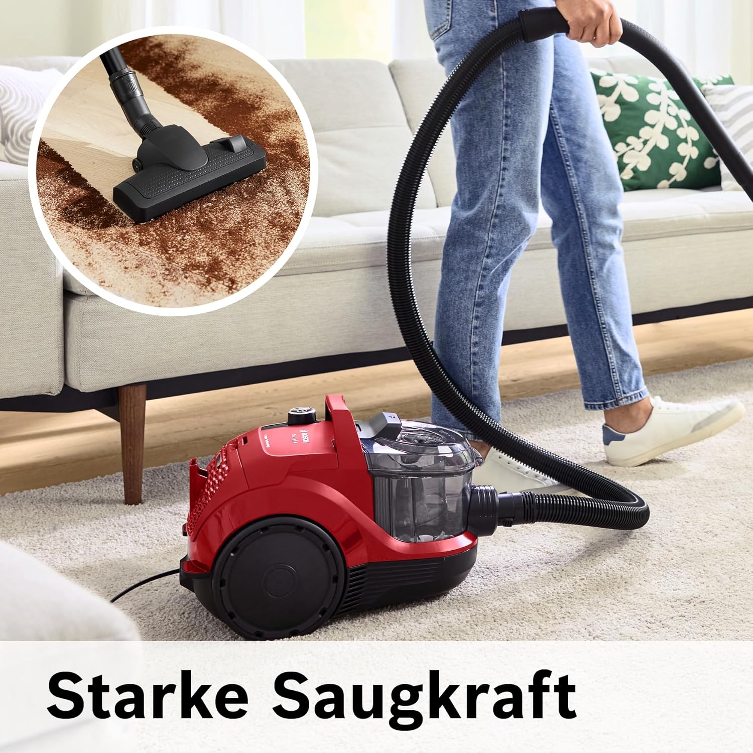 Bosch Staubsauger beutellos Serie 4 BGS21CAR, Hygiene-Filter, 10 Jahre Motorgarantie, XXL-Polsterdüse, XXL-Fugendüse, Mini-Turbo-Düse, Fahrzeug-Innenreinigung, hohe Saugkraft, kompakt, 750 W, rot