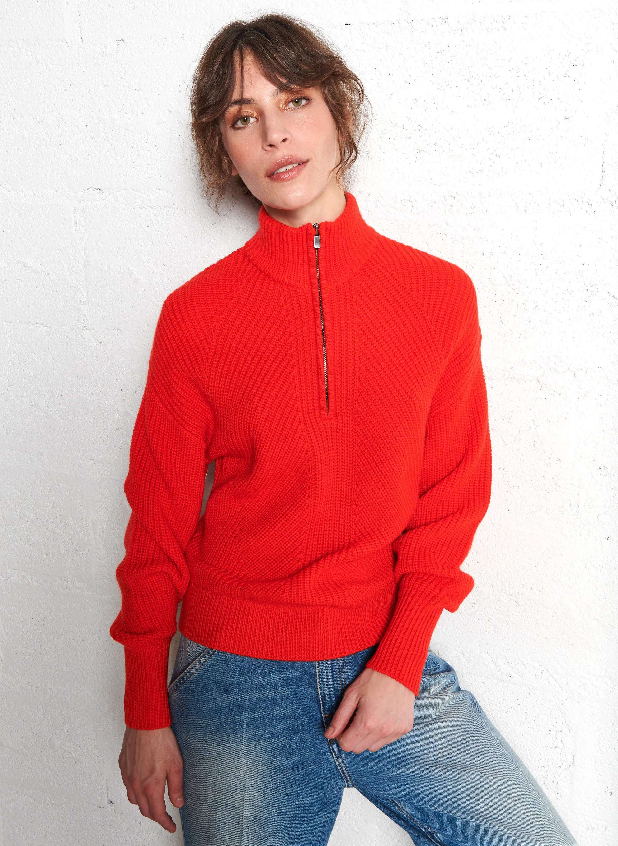 Pull droit col montant zippé en laine mérinos | Rouge