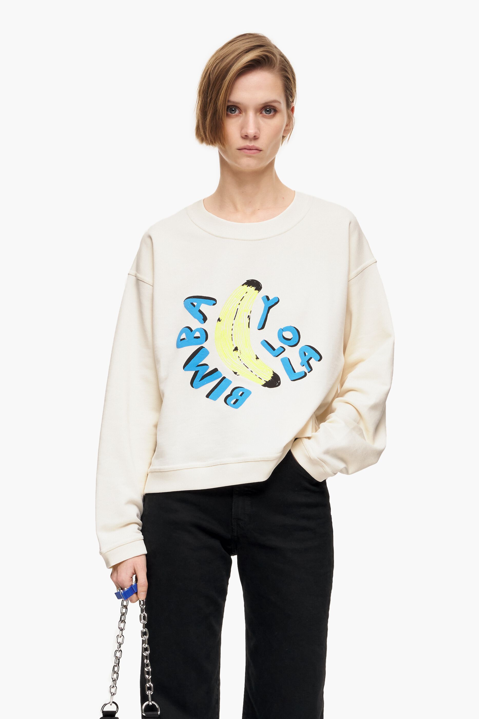 Moletom Bimba Banana marfim com logo quadrado