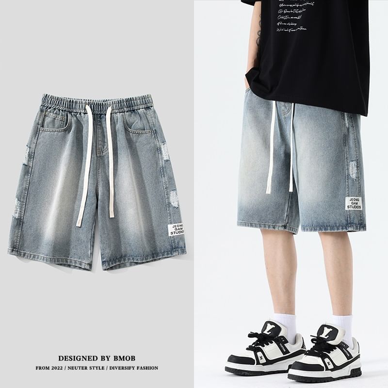 purplelouve - Mid Rise Washed Label Applique Denim Shorts