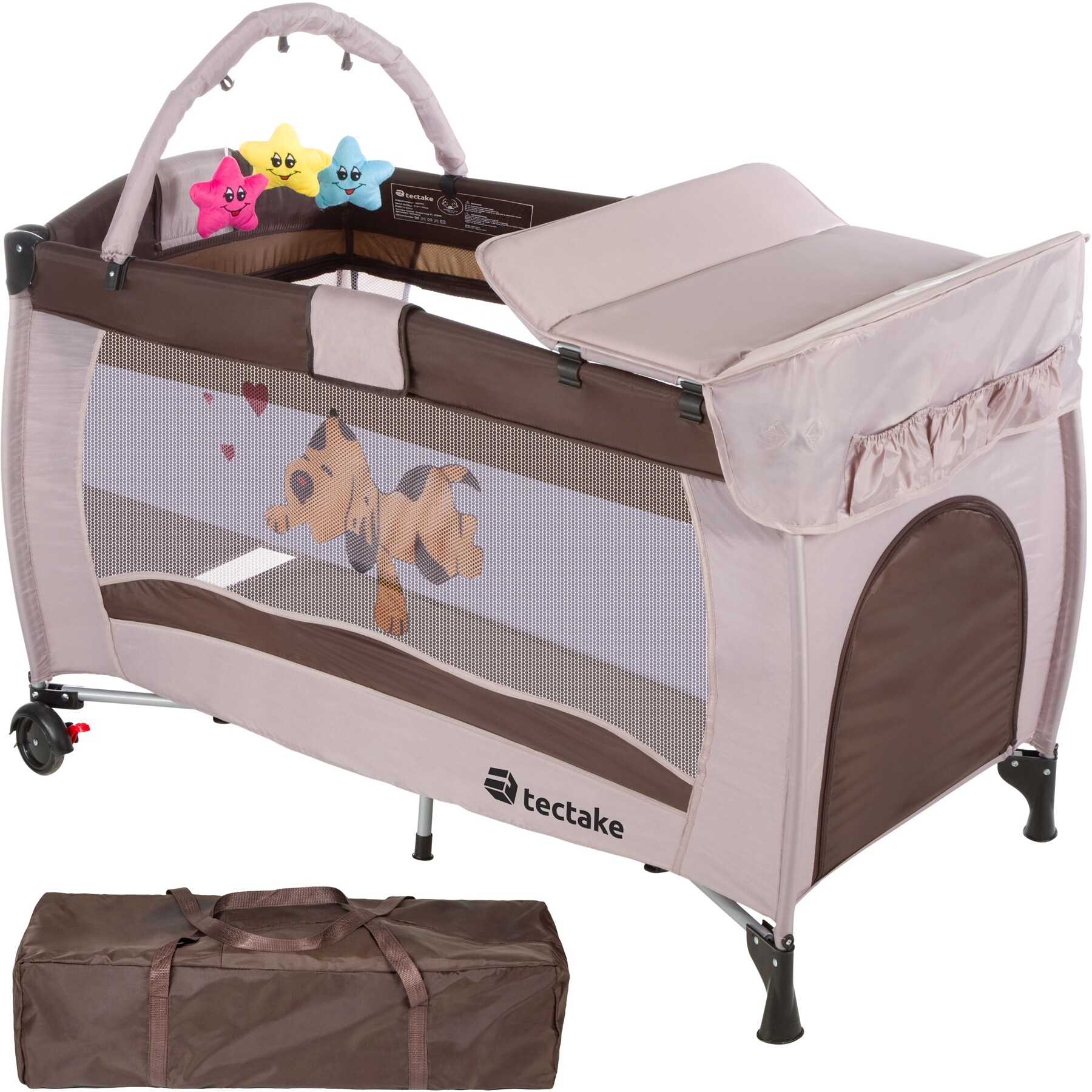 tectake® Kinder Reisebett, klappbar und höhenverstellbar, 2 Rollen mit Bremsen, inklusive Tragetasche, 132 x 75 x 104 cm