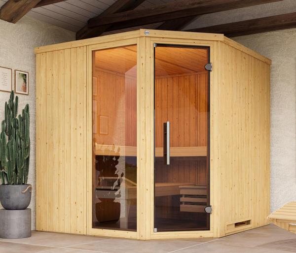 Weka Ecksauna Varberg mit Glastür und Fenster