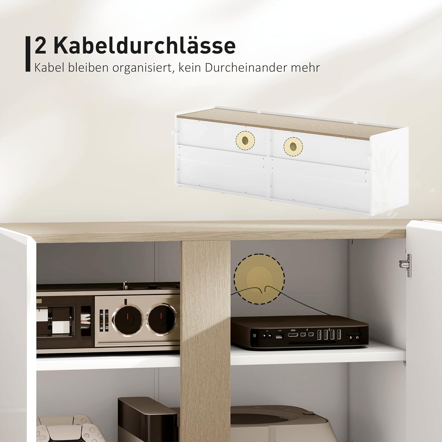 HOMCOM TV Schrank Lowboard für Fernseher bis zu 65 Zoll, 135 cm lang Hochglanz Fernsehtisch mit Verstellbaren Ablagen, Kabelmanagement, 4 Soft-Close-Türen für Wohnzimmer Weiß