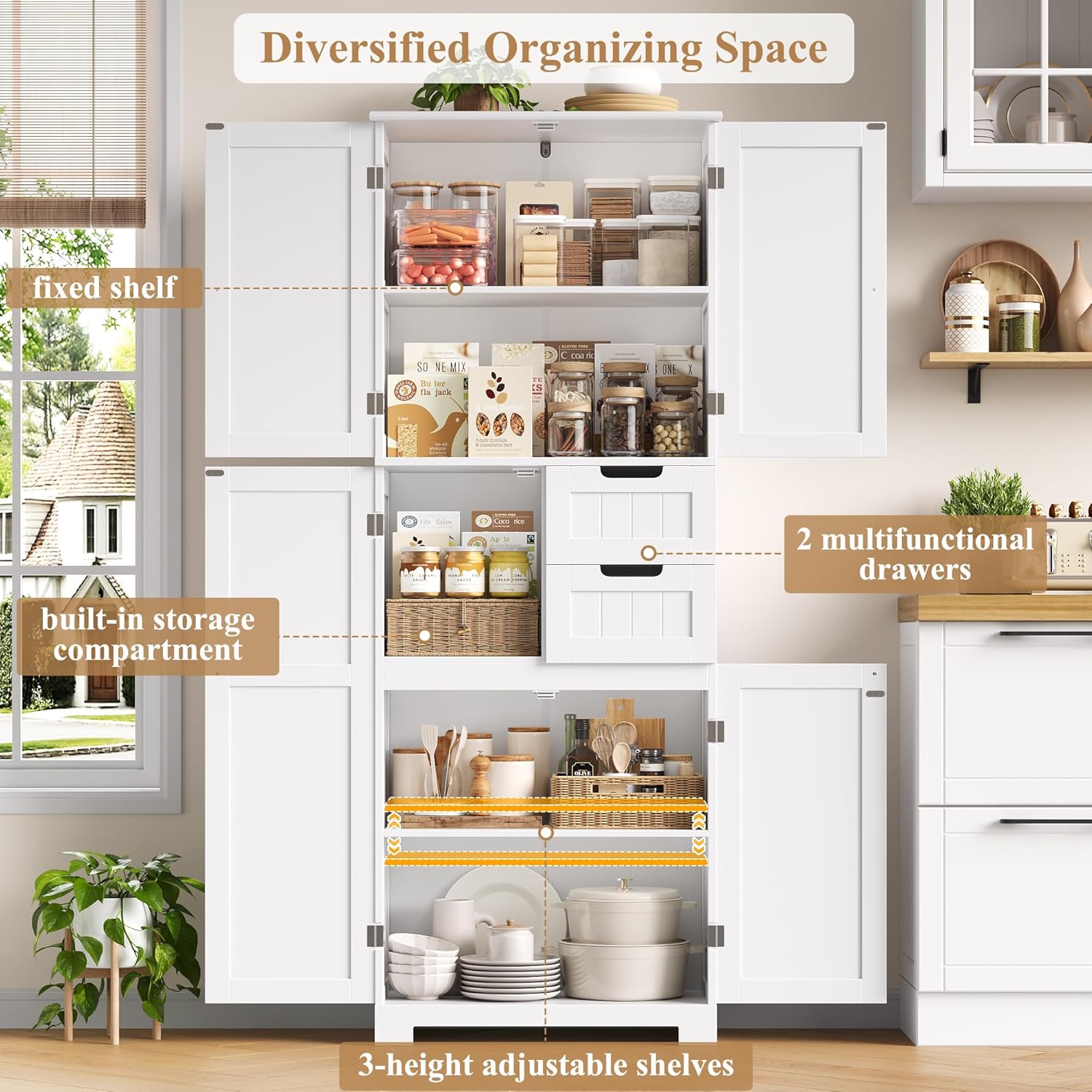 HOCSOK Badezimmerschrank Hoch, Badschrank Hochschrank mit 4 Türen und 2 Schubladen, Küchenschrank Hoch für Wohnzimmer Küche Esszimmer Büro, 164.5X 60x30cm, Weiß