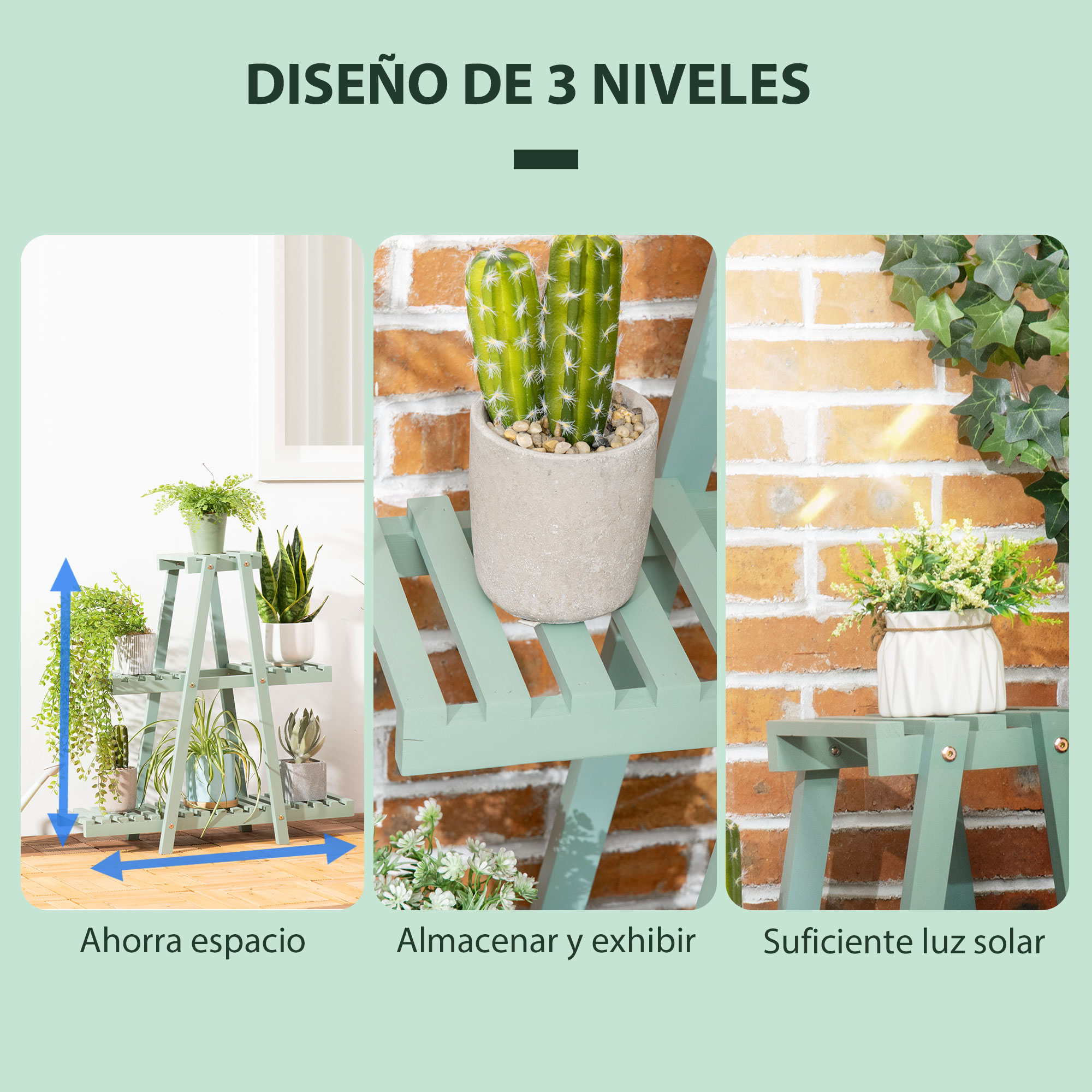 Suporte de madeira para plantas Outsunny, prateleira de flores de 3 níveis, suporte decorativo para plantas de interior/exterior, 76x26x76 cm, verde