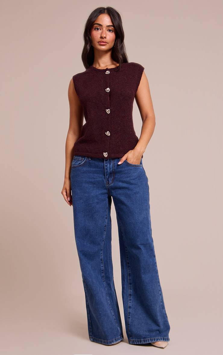 Rouge Bordeaux Gilet Tricoté Boutonné Petite Taille