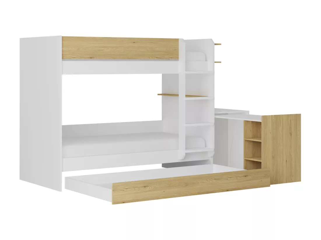 Lit superposé avec tiroir lit gigogne et 2 bureaux 3 x 90 x 190 cm - Coloris : Blanc et naturel + Matelas - DOMATI