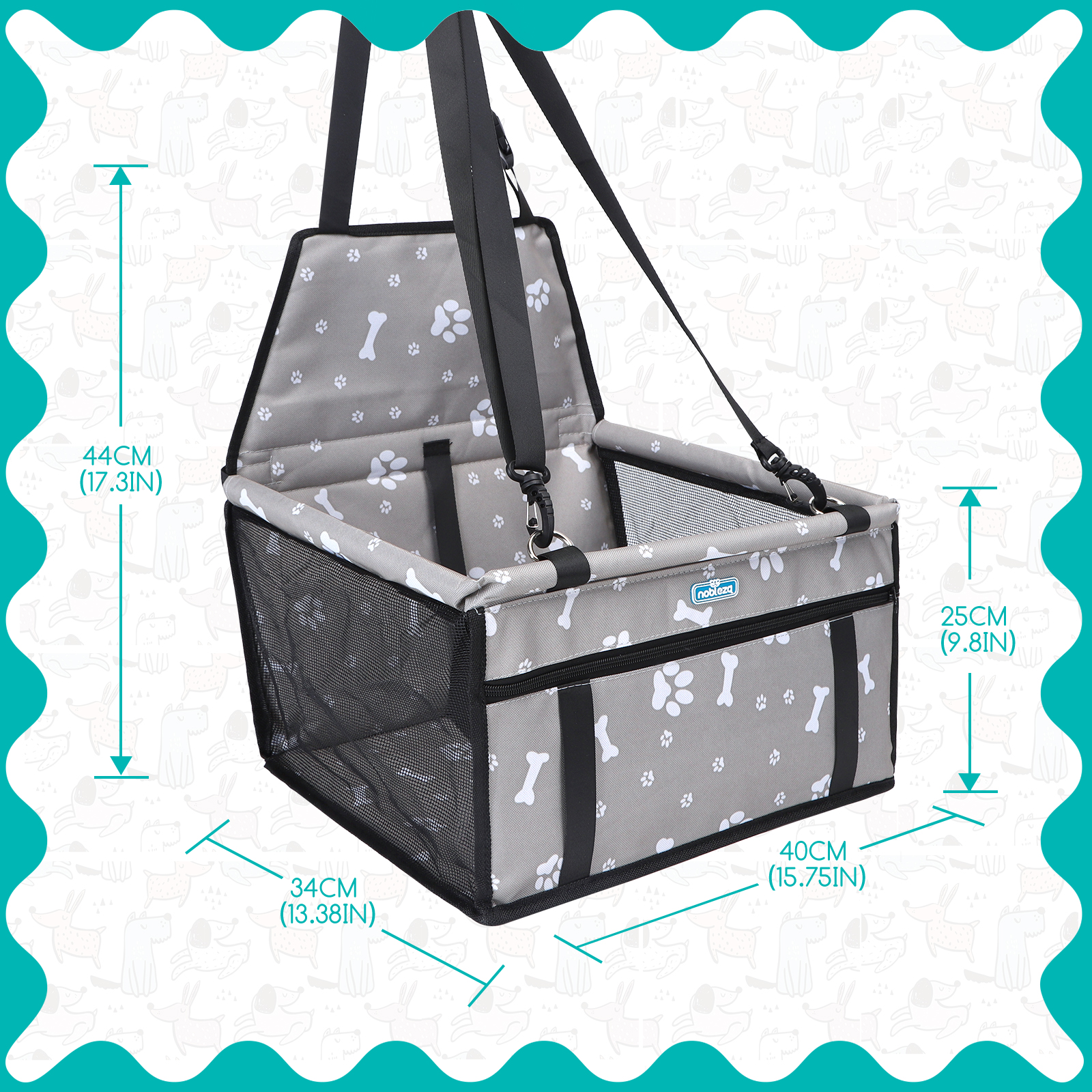 Nobleza - Reforço para Assento de Carro para Cães, Assento de Segurança para Animais de Estimação, Bolsa de Viagem Dobrável e Lavável para Cães e Outros Animais de Pequeno Porte com Bolso com Zíper, 40 * 34 * 25 cm, Cinza