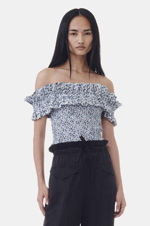 Ganni Printed Cotton Off-shoulder Smock T Glacier lake