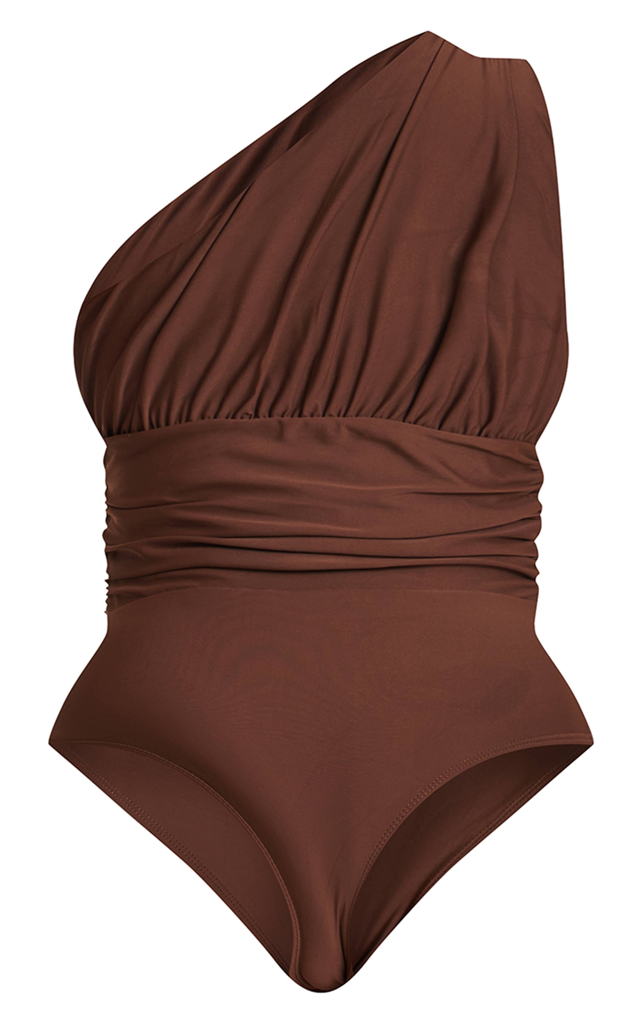 Chocolat Maillot De Bain Échancré Une Épaule Froncé Sculptant