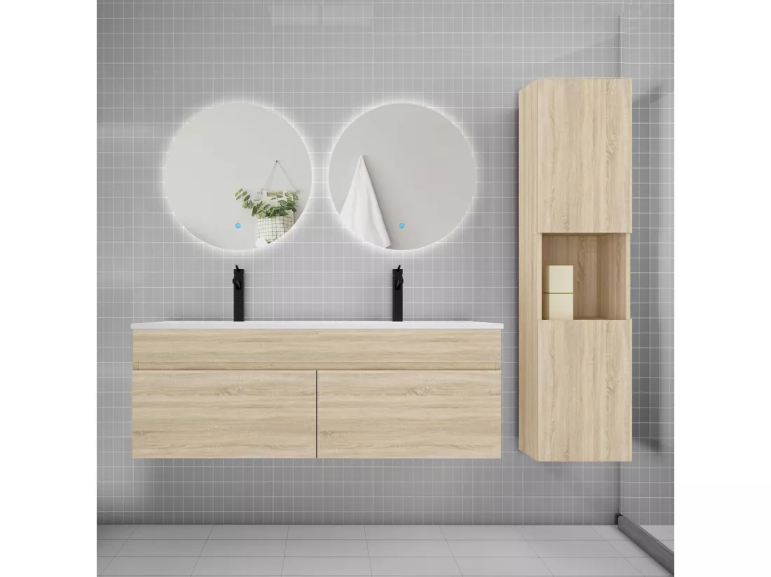 Ensemble meuble vasque 120cm lavabo + colonne + miroir rond,chêne