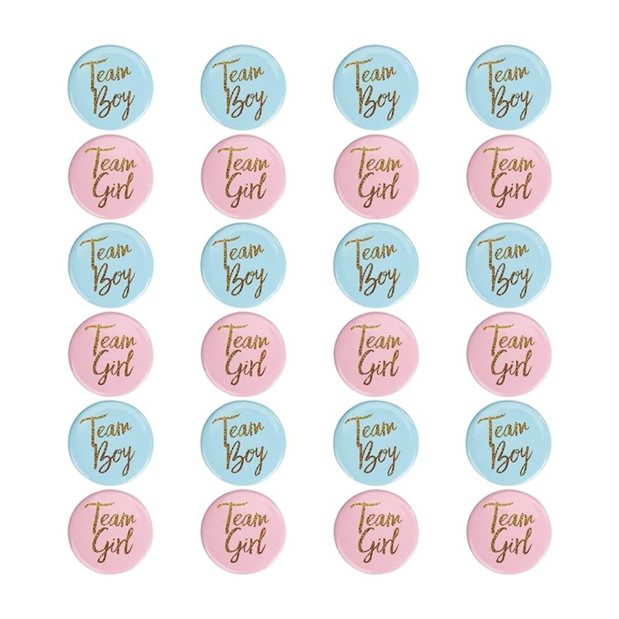 (60er Set) Ø4cm Deko Button Team Girl / Team Boy Pin Gender Reveal Brosche Baby Shower Party Accessoire - Rosa / Blau