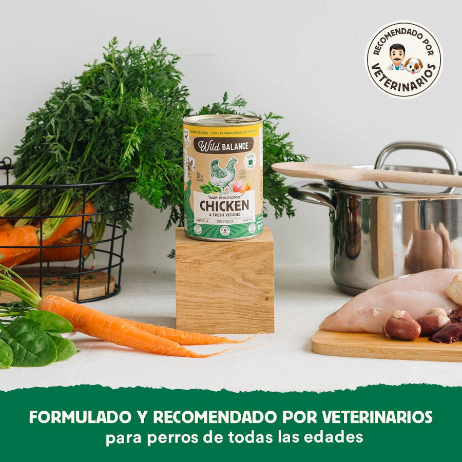 Ração Wild Balance BARF de Frango e Vegetais em lata, 400g, para cães.