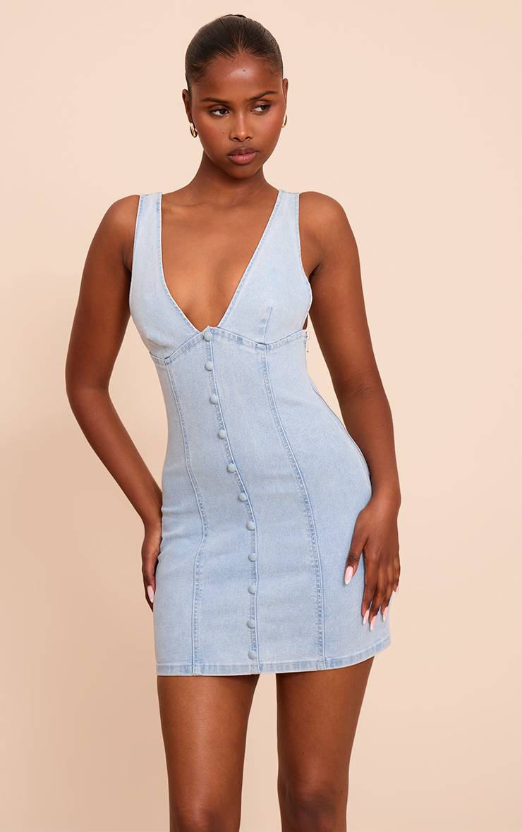 Bleu Clair Robe Courte En Denim À Détail Boutonné