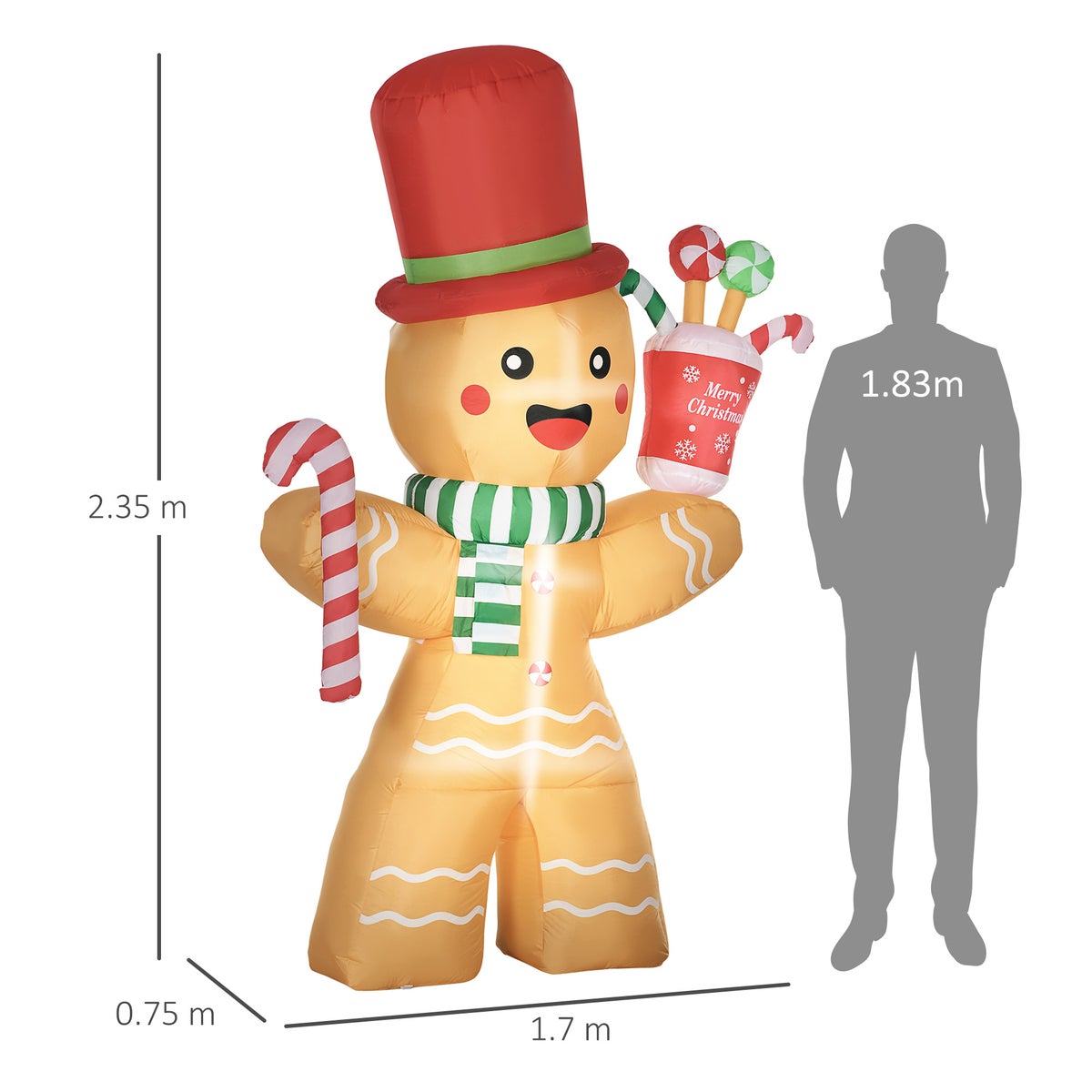 HOMCOM Opblaasbare kerstkoekenman 2,35 m Kerstdecoratie met LED-lampjes en zuurstok Kersttuindecoratie Automatisch opblazend Waterdicht Polyester Oranje