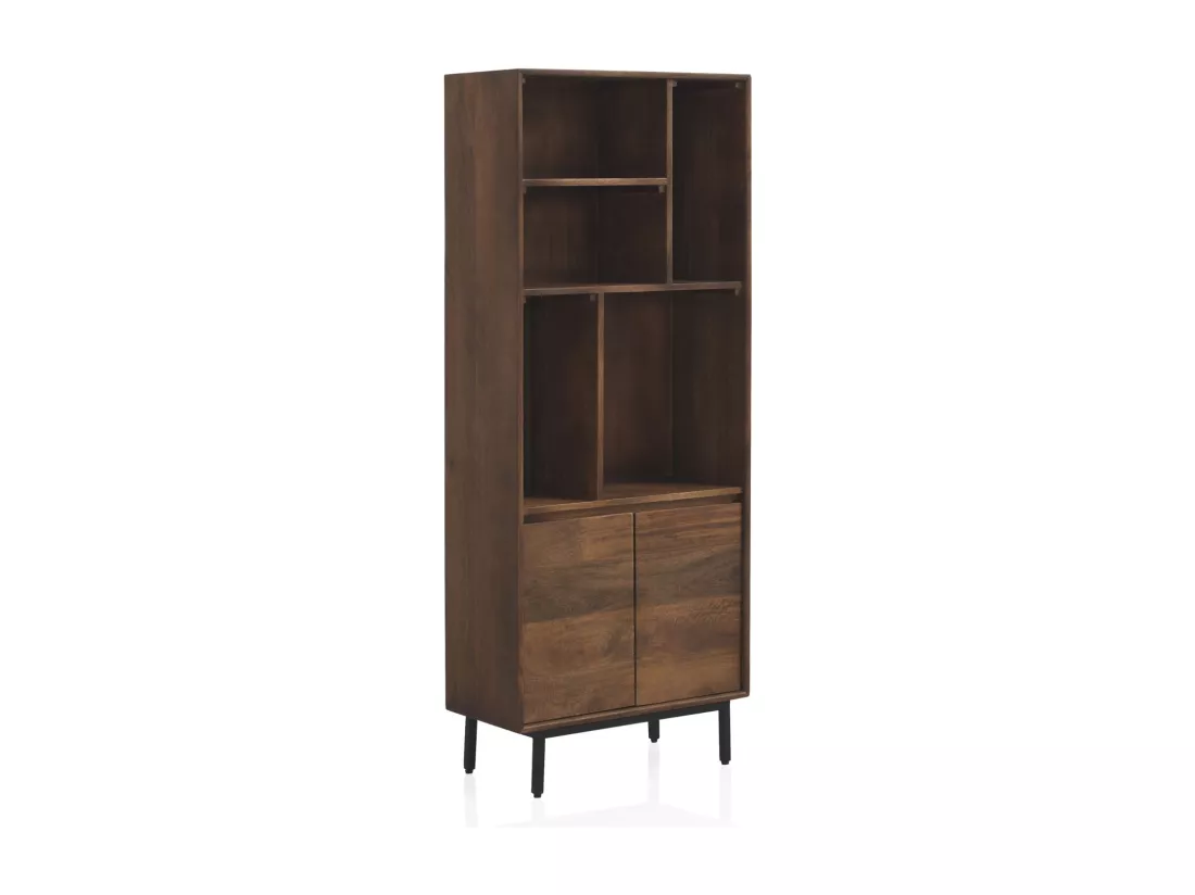 Bibliothèque avec 2 portes en bois de manguier massif et base en métal