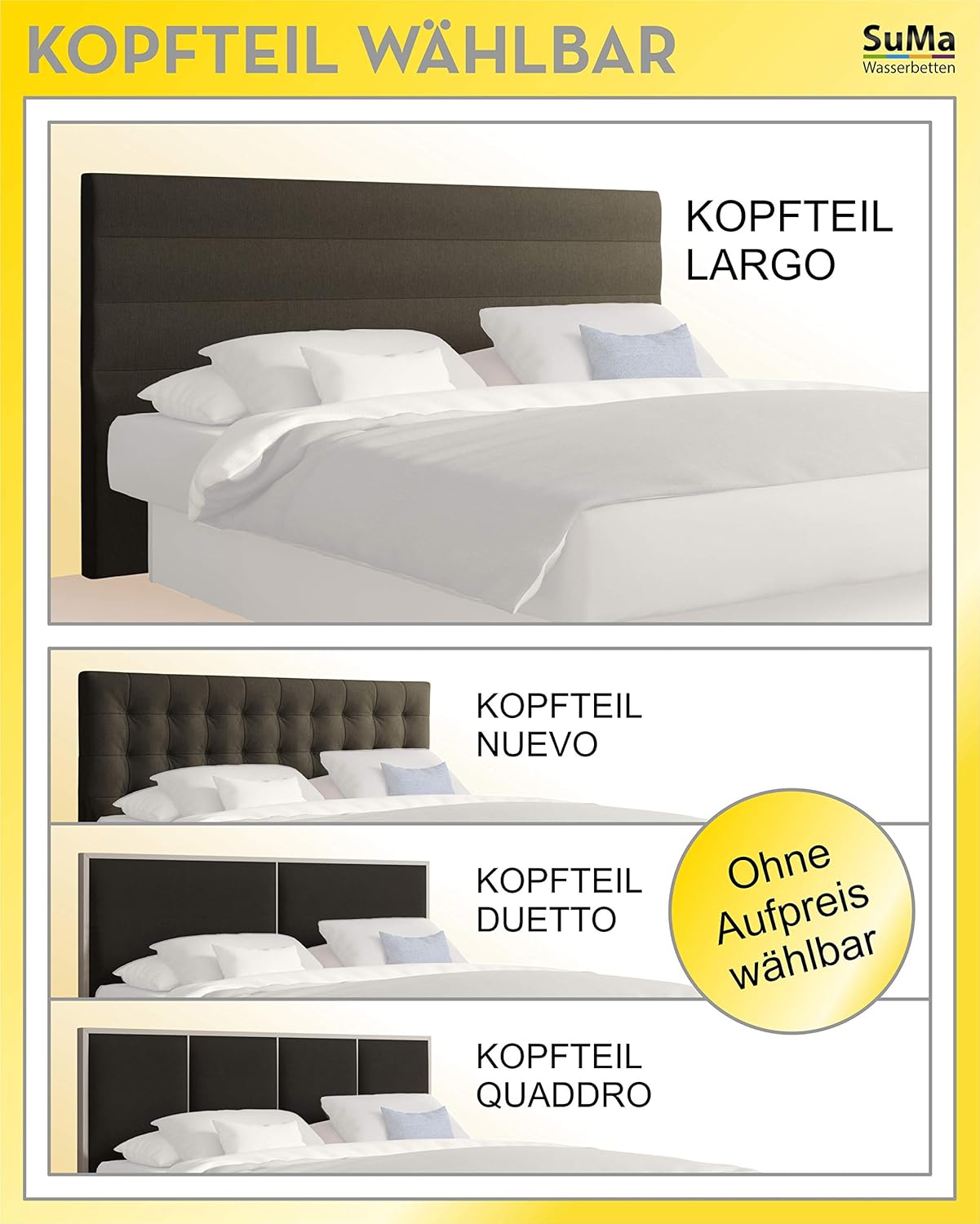 SuMa - Waterbed komplett 200x210 dual Wasserbett mit 6 Schubkästen weiß und Kopfteil Largo, Farbe anthrazit 200x210 cm