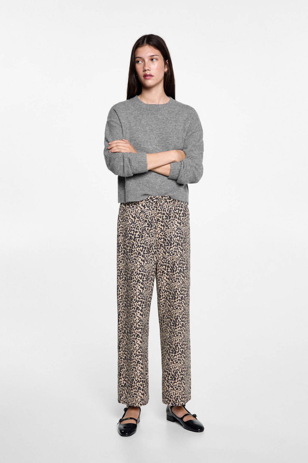 MANGO TEEN straight fit broek met panterprint lichtbruin/zwart