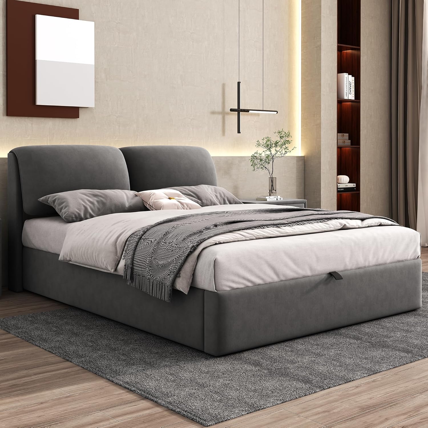 Polsterbett Doppelbett 140x200 cm mit 3 Stauraum Schublade, Bett mit Stauraum und Kopfteil, Stauraumbett mit Hydraulische Metallrahmen und Lattenrost aus Holz, Samt, Grau, Ohne Matratze