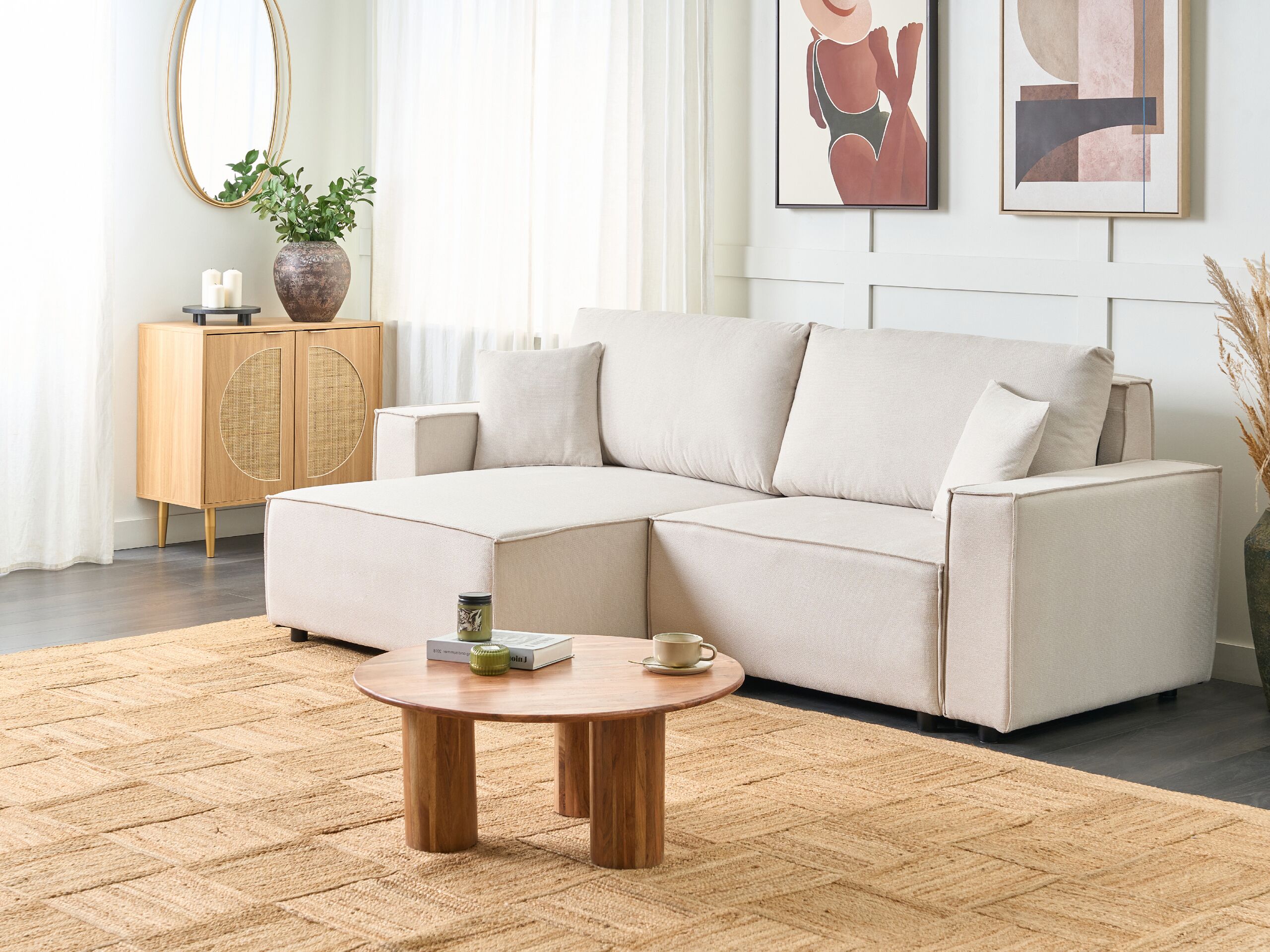 Beliani-KARILA-Hoekbank met slaapfunctie-Beige-Rechtszijdig-Polyester