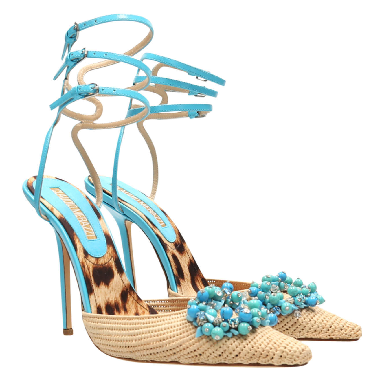 Claudio Merazzi Sandales Cameron en Cuir et Raphia écru/turquoise