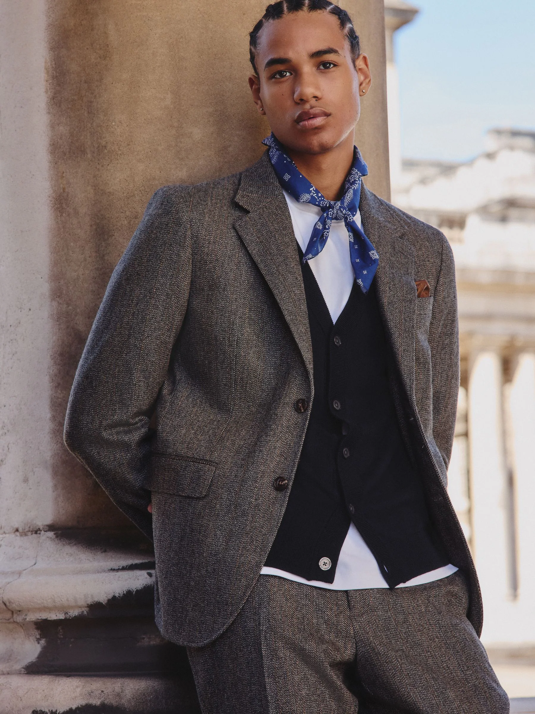Grijs - Slim Fit Wool Blend Herringbone Stripe Suit Jacket