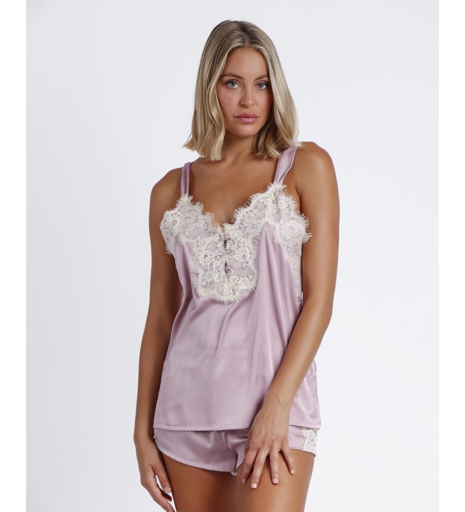 Pijama de noiva rosa com alças finas Admas para casamento romântico.