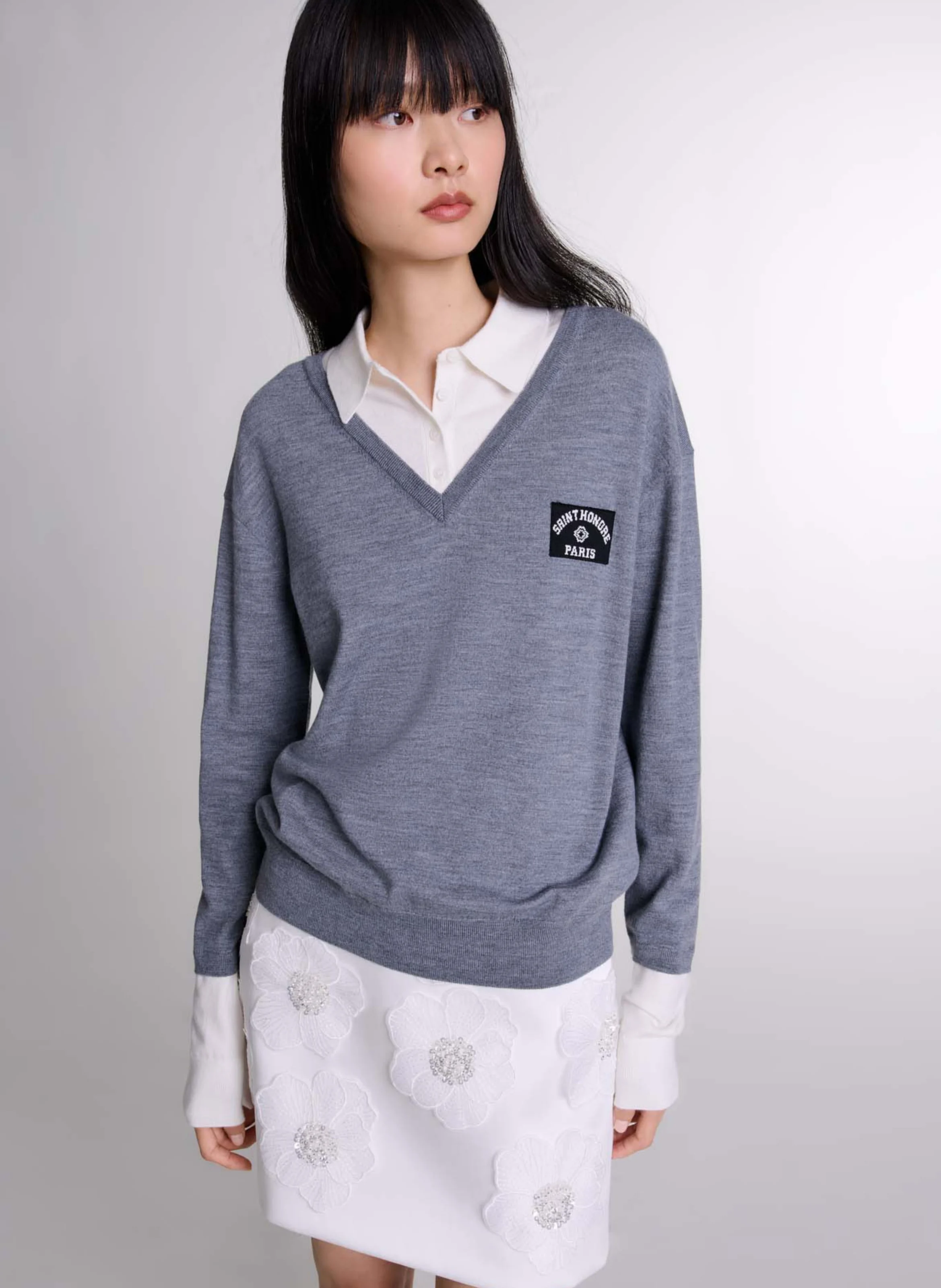 Pull encolure V droit en laine mélangée | Gris