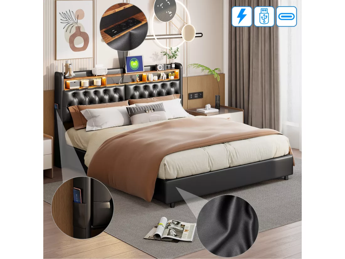 Lit coffre 180x200cm - lit double avec sommier à lattes et tête de lit LED avec étagères et port charge - cuir noir