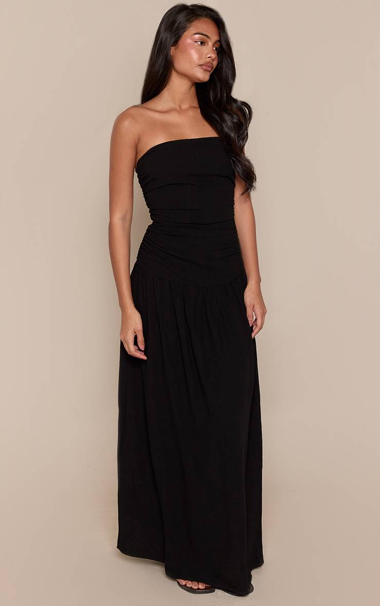 Noir Robe Maxi Bandeau À Détails Froncés Effet Lin