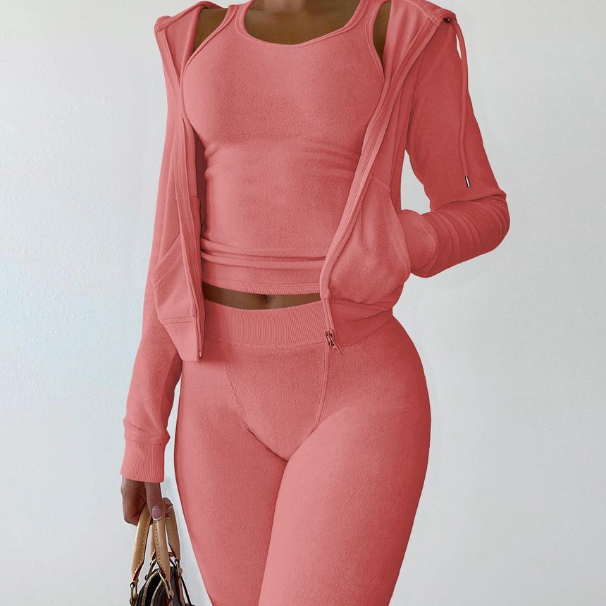 Bolgivy - Set: effen fleece hoodie met rits + tanktop + elastische tailleband met strakke pasvorm