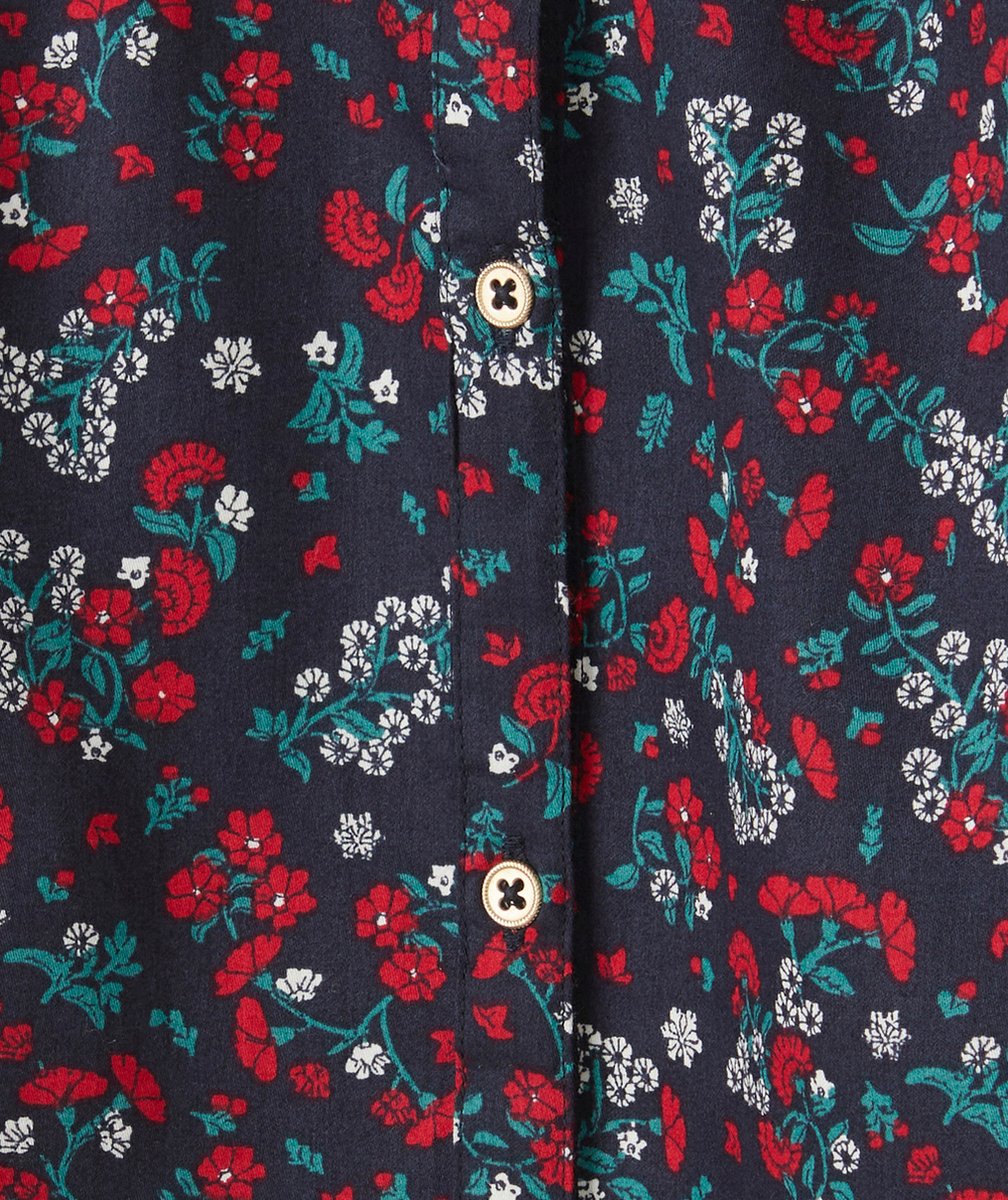 BLOUSE FILLE EN COTON BLEU MARINE ET IMPRIMÉE FLORAL ROUGE ET VERT