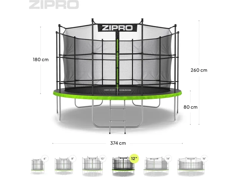 Zipro Trampolin med net og stige Ø374cm   pose til sko