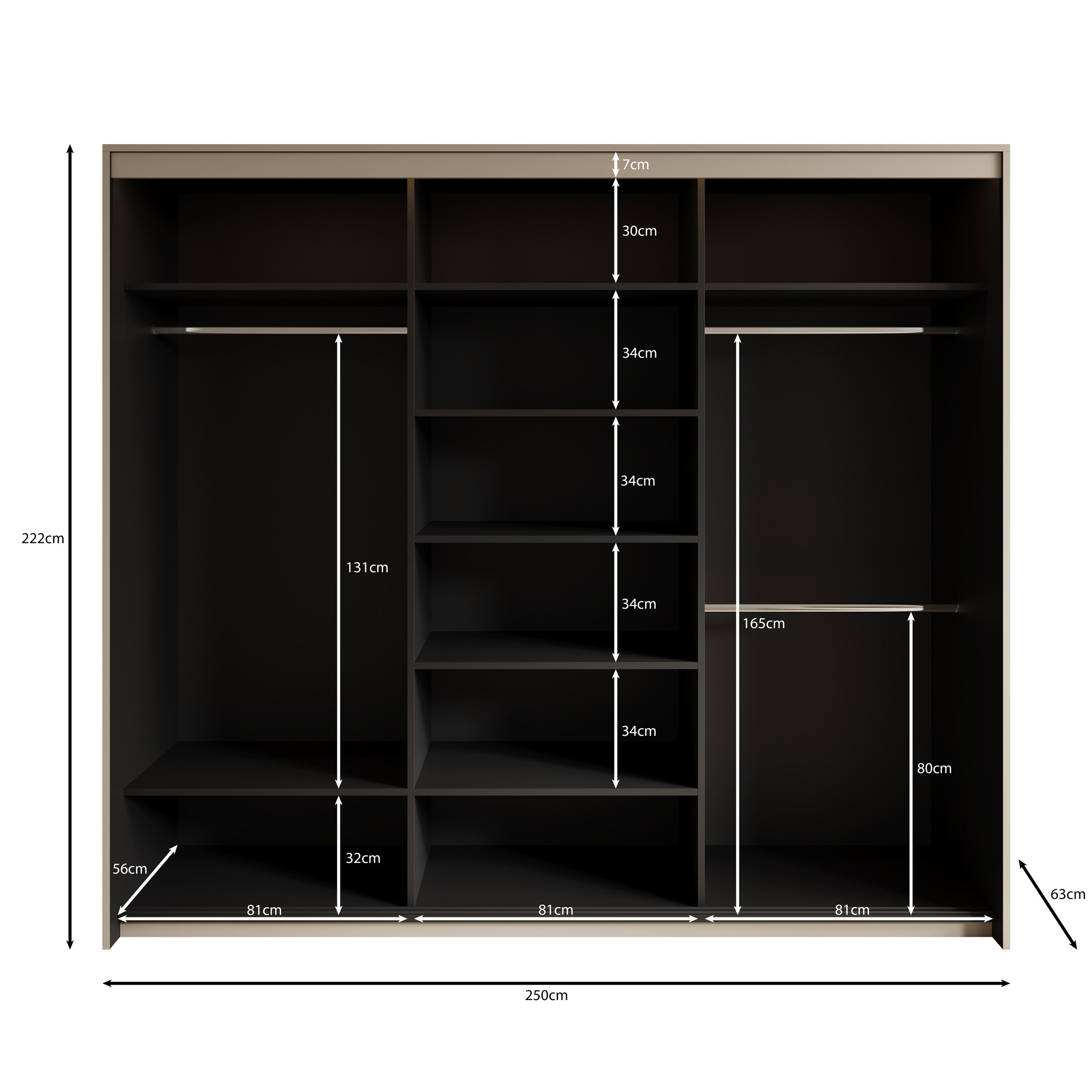 Timoteo - Kledingkast met schuifdeuren - Zwart - 250x63x222 cm