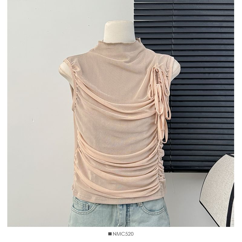 Lemongrass - Mouwloze crop top met geplooide mesh en hoge hals