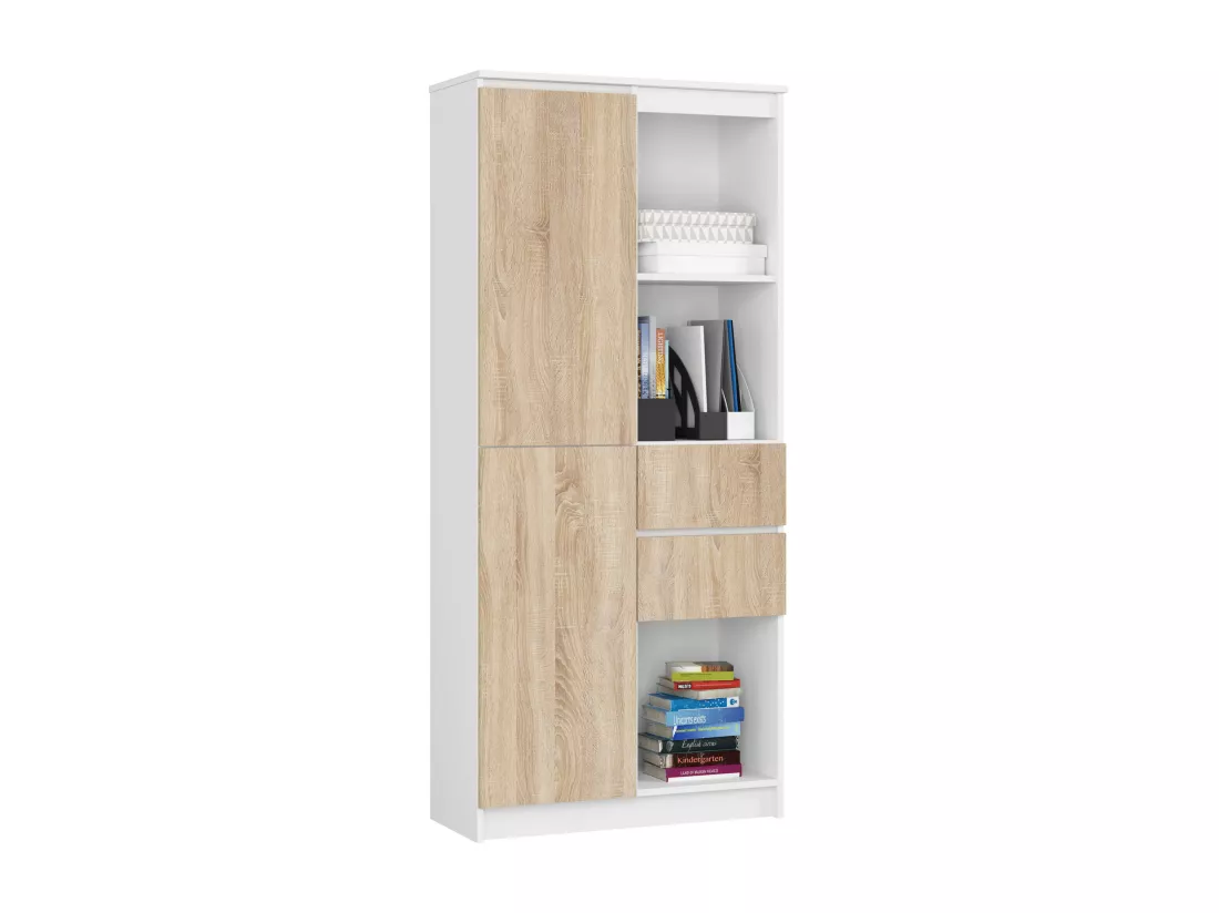 Bibliothèque de bureau AKORD R15 Blanche 80 cm 1 porte 2 tiroirs façade Chêne Sonoma mat 7 étagères 80x35x180 cm