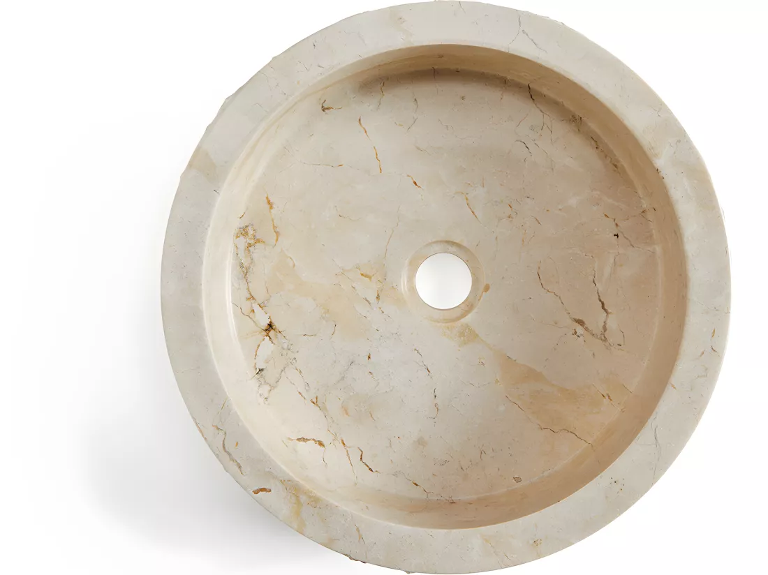 Vasque à poser / lavabo rond en marbre, coloris beige - Diamètre 40 x Hauteur 15 cm