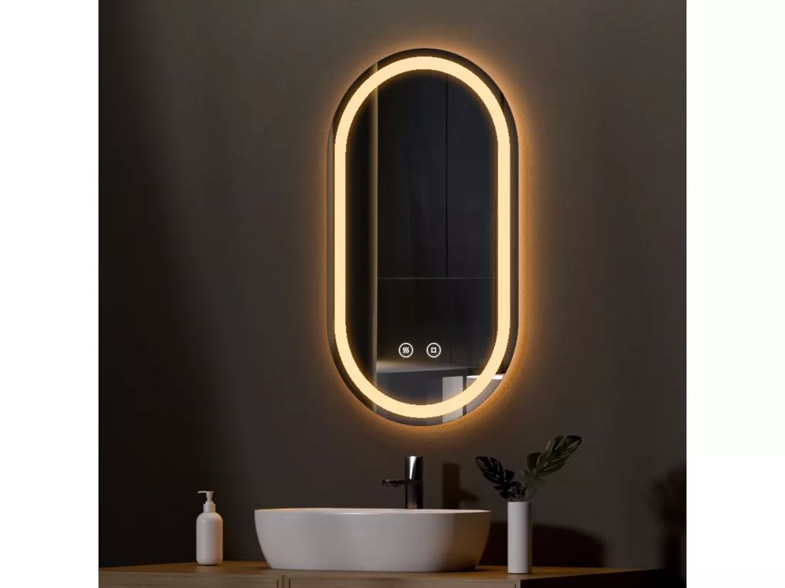 EMKE Miroir led salle de bain 50 × 90 cm Miroir salle de bain lumineux avec 3 Couleurs de lumière réglables+Anti-buée, Économie d'énergie miroir led