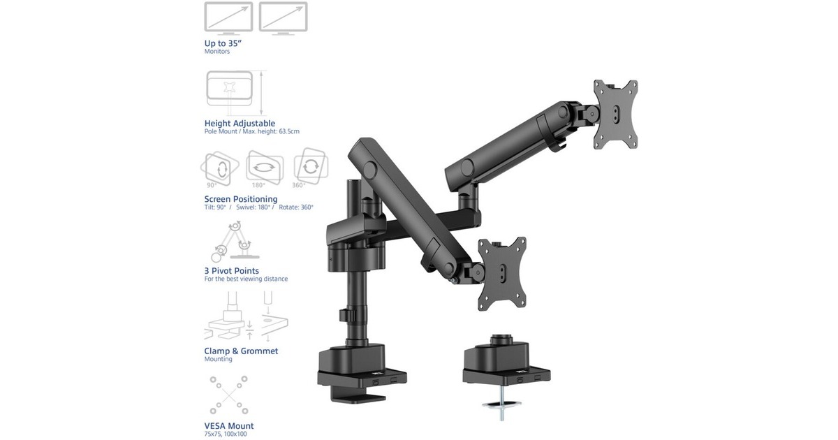 ACT ConnectivityMonitorarm office solid pro, mechanische veer, 2 monitoren  (Zwart)