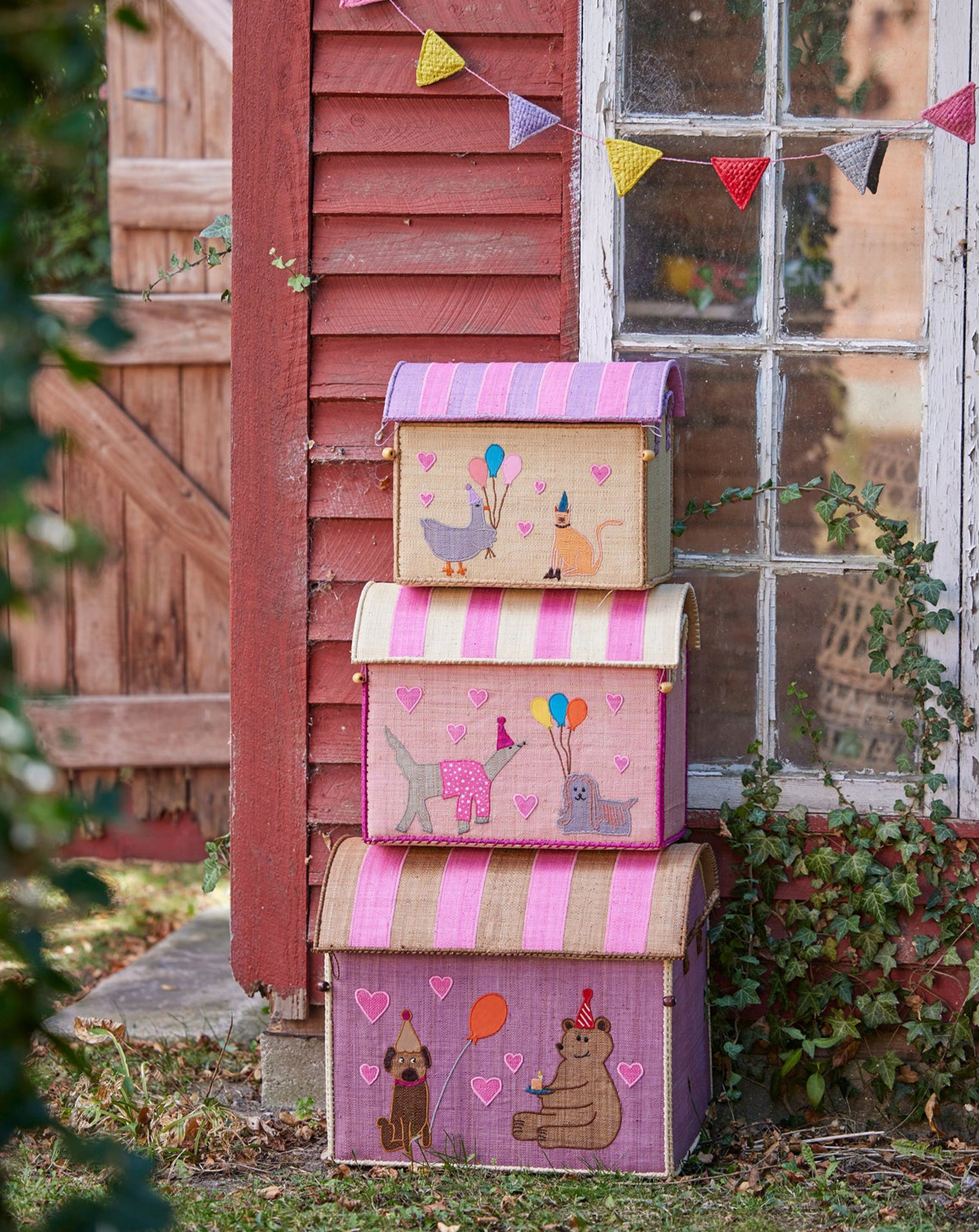 Raffia-Spielzeugkiste HAPPY ANIMALS 3er Set in bunt