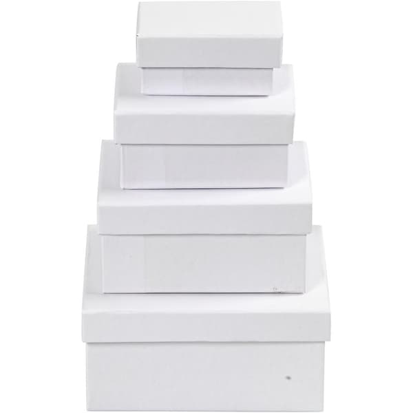 Rektangulære esker, hvit, H: 3,5+4,5+5,5+6,5 cm, str. 8,5x11,5+11x14 cm, 4 stk./ 1 sett